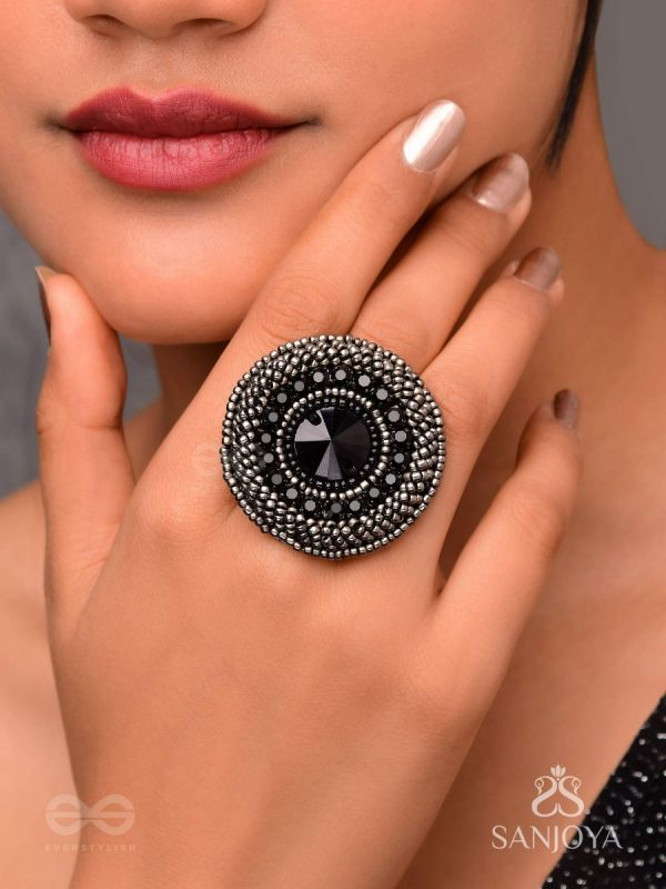 Amavasya - The New Moon Night - Stone And Beads Oxidised Hand Embroidered Ring