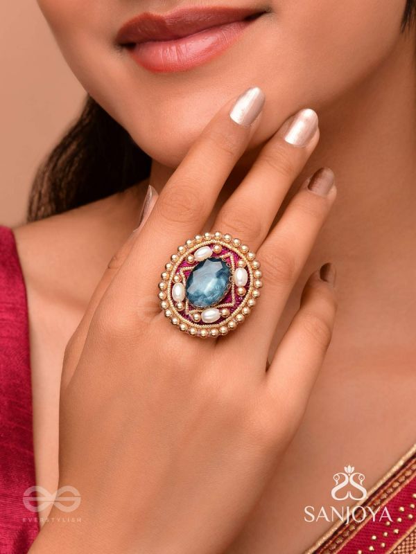 Vaibhraja - Stellar Shimmer - Stone And Beads Hand Embroidered Ring (Adjustable)