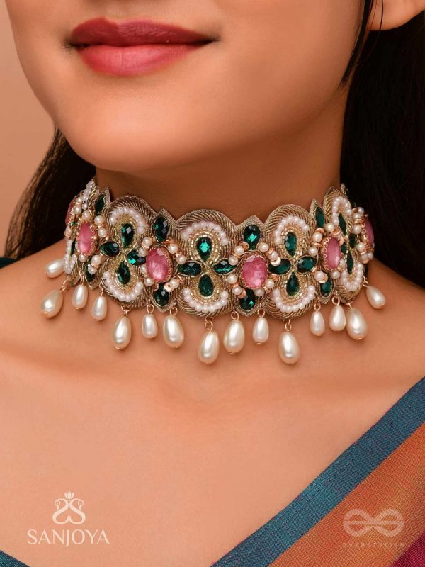 Nalikini - The Emerald Bloom - Stone, Beads And Pearl Drops Hand Embroidered Neckpiece