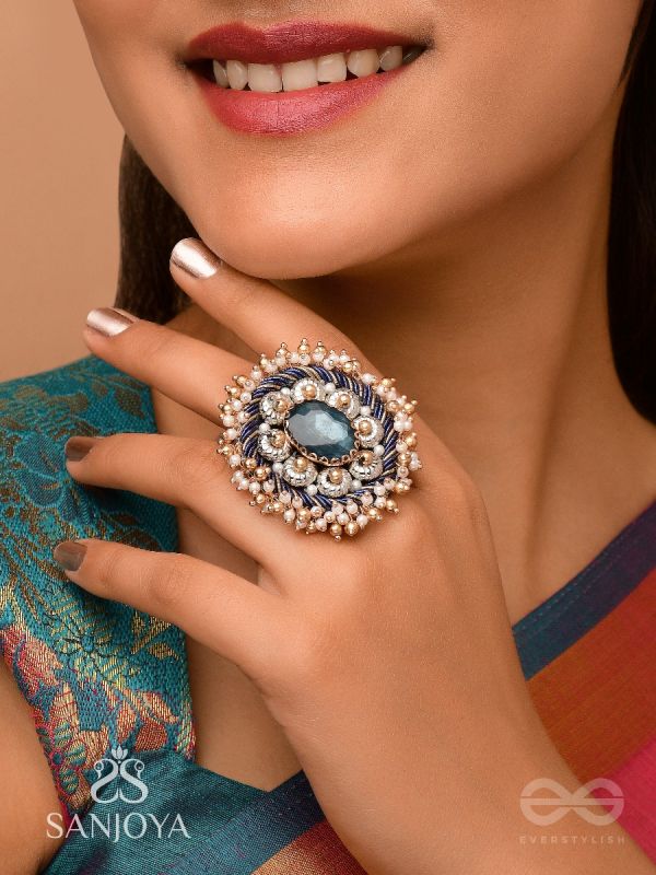 Rajiva - Deep Sea Dream - Stone And Beads Hand Embroidered Ring