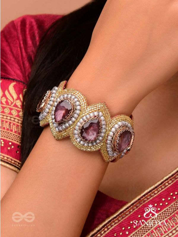 Pratijna - The Glowing Glamour - Stone And Pearls Hand Embroidered Cuff Bracelet