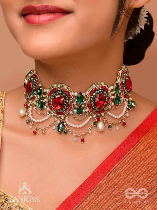 Upakarana - Royal Ruby Rainfall - Stone, Beads And Glass Drops Hand Embroidered  Choker Neckpiece