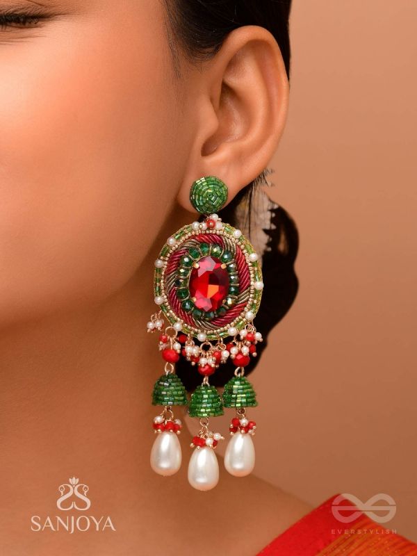Aklishta - The Scarlet Splendor - Stone, Cutdana And Beads Hand Embroidered Earrings