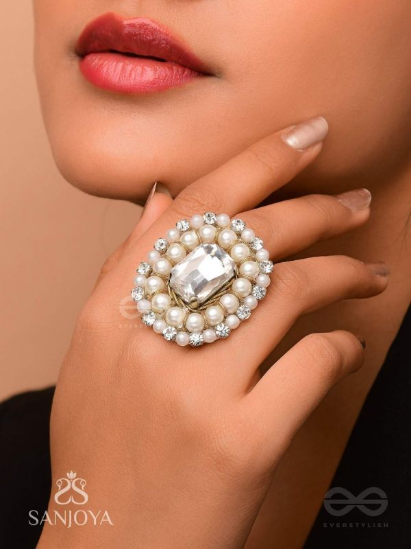 Indukamala - Moonlit Pearl Majesty - Stone And Pearls Hand Embroidered Ring