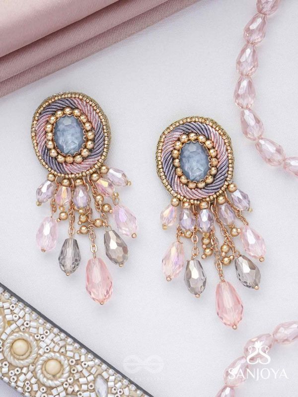 Ahraya - The Pink Fog - Stone, Beads And Glass Drop Hand Embroidered Earrings