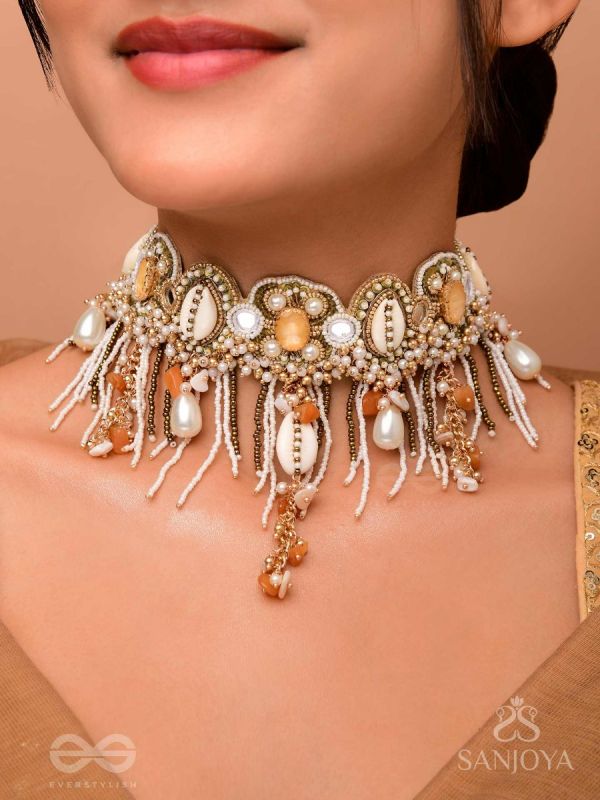 Sankhika- Coastal Gleam - Beads, Shells And Stone Hand Embroidered Neckpiece