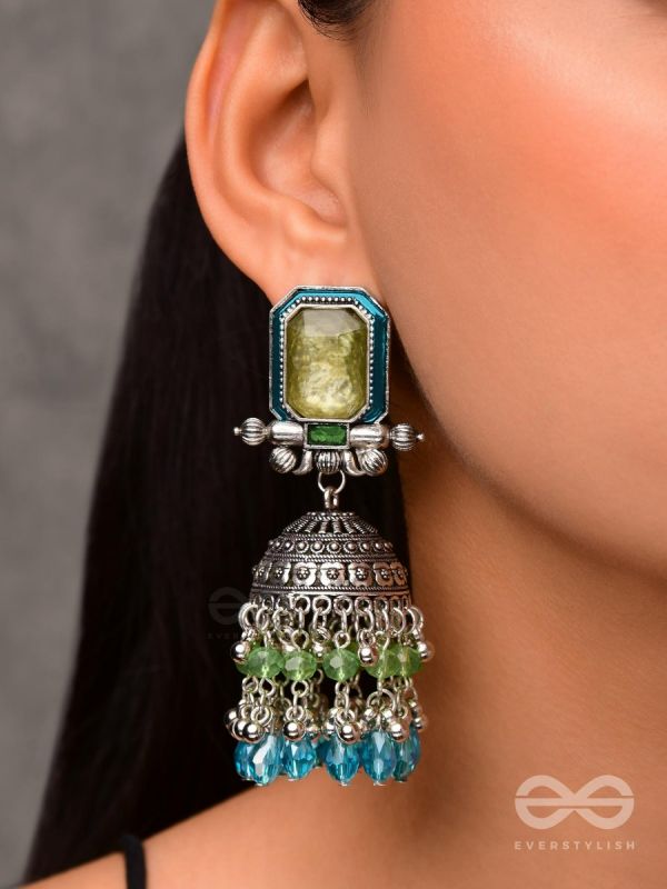 The Aqua Enchantments - Statement Embellished And Enamelled Oxidised Jhumka Earrings