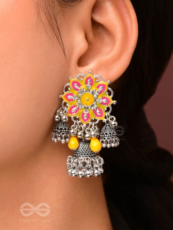 The Sunburst Bloom - Statement Enamelled Oxidised Jhumka Earrings
