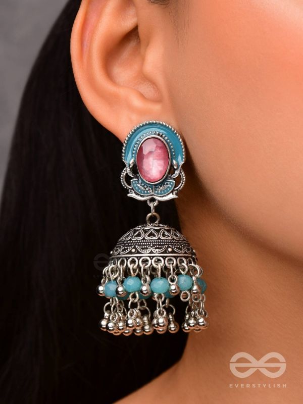 The Blushing Clouds - Statement Embellished And Enamelled Oxidised Jhumka Earrings