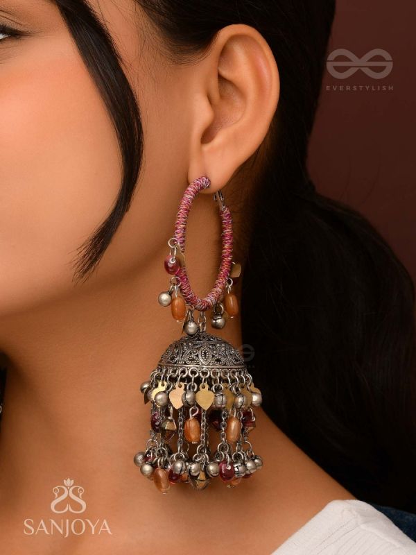 Stotavya- The Mira Chants- Coins, Resham And Glass Drops Oxidised Jhumka Earrings