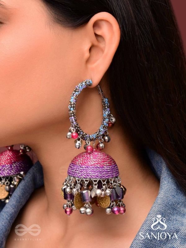 Dvibhat - The Twilight Tinkles - Resham, Coins And Beads Hand Embroidered Oxidised Jhumka Earrings