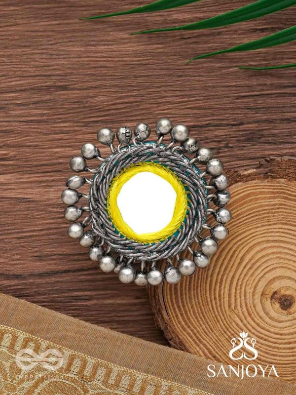 Patangah - Music Of Sunshine - Mirror, Resham And Beads Hand Embroidered Oxidised Ring