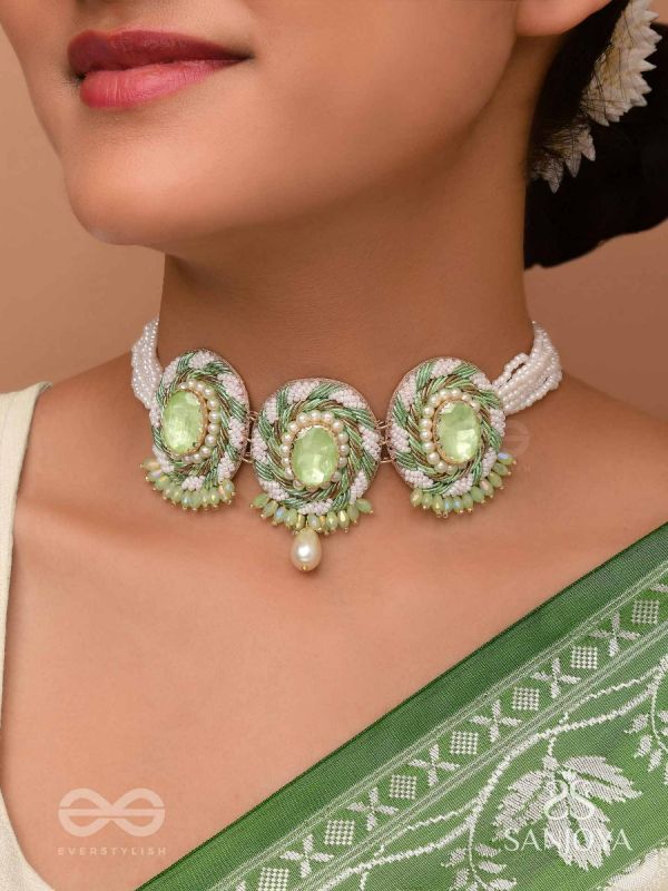 Tankasala - Frosted Fern - Stones And Pearls Hand Embroidered Neckpiece