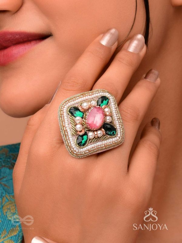 Naimisa - Blooms In Forest - Stones, Beads And Dabka Hand Embroidered Ring (Adjustable)