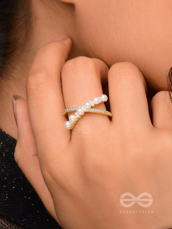 Crisscrossed Pearls - Golden Embellished Ring 