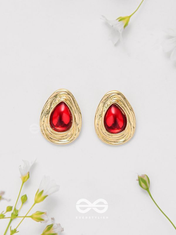 Cherry Drop - Golden And Red Stud Earrings