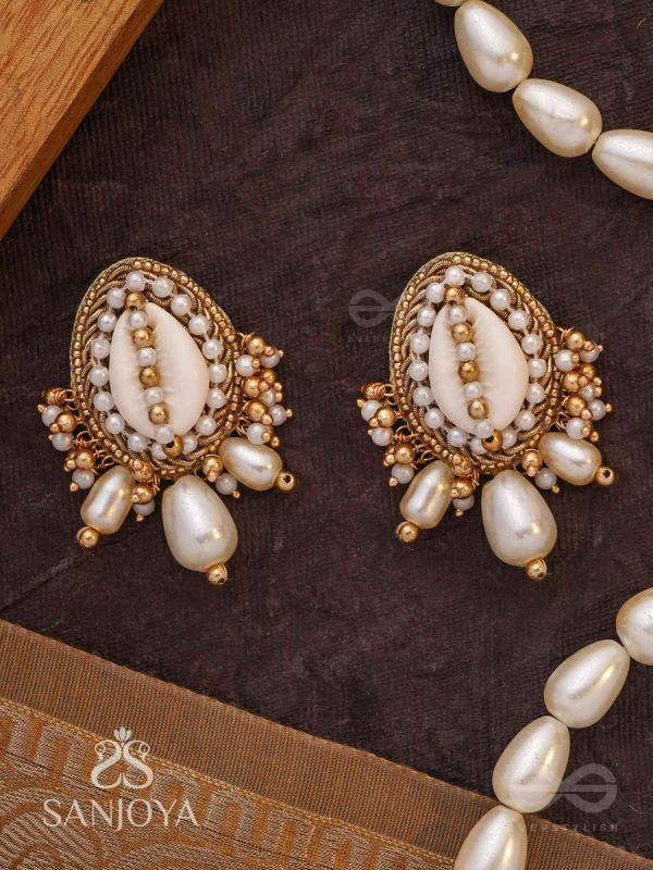 Dinara - The Shell Shoreline - Beads, Shells And Pearl Drops Hand Embroidered Earrings