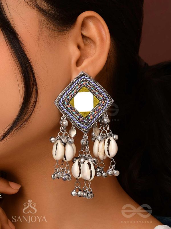 Anutatam- The Shoreline Memories- Mirror, Resham And Shells Hand Embroidered Oxidised Earrings
