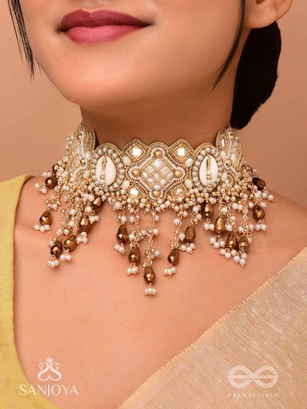 Bhadrashochi- The Shimmering Shower- Shells, Beads, Mirror And Glass Drops Hand Embroidered Choker Neckpiece