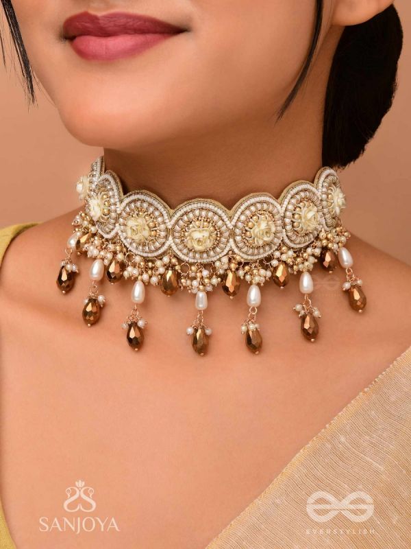 Stavaka- The Beloved Bouquet- Beads, Pearl And Glass Drops Hand Embroidered Choker Neckpiece