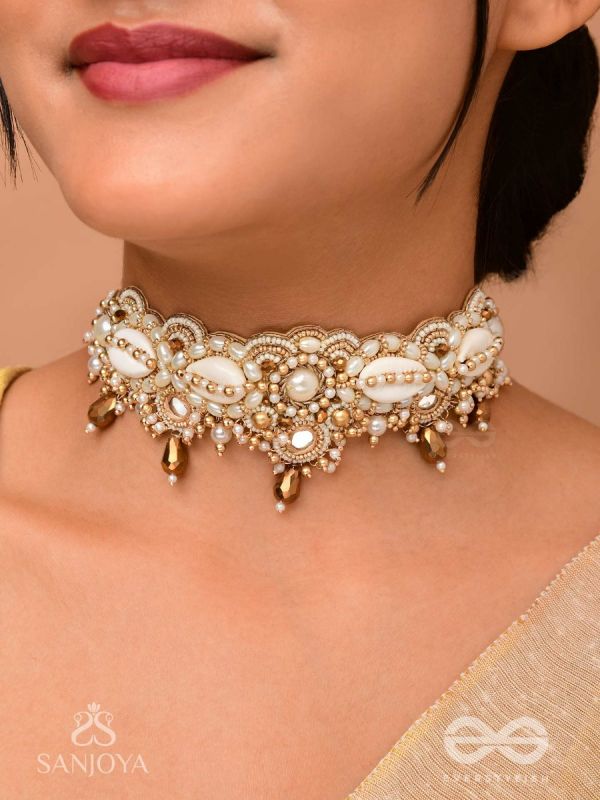 Alingana- The Chaste Embrace- Shells, Beads And Glass Drops Hand Embroidered Choker Neckpiece
