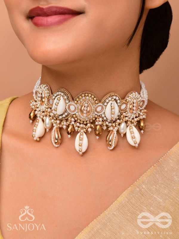 Velakula- The Coastline Stories- Shells, Beads, Pearl And Glass Drops Hand Embroidered Choker Neckpiece