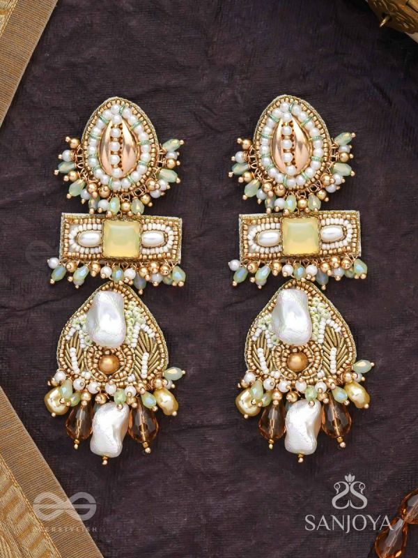 Atisitam- - The Regal Wonderland- Shells, Stones, Beads And Glass Drops Hand Embroidered Earrings