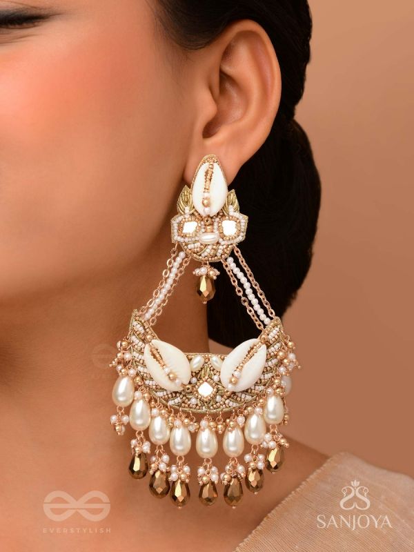 Artharasi- The Shimmering Wealth- Shells, Beads, Pearl And Glass Drops Hand Embroidered Earrings