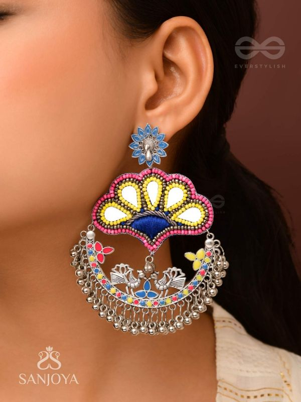Sadhrit- The Peacock Romance- Resham And Beads Hand Embroidered Oxidised Earrings