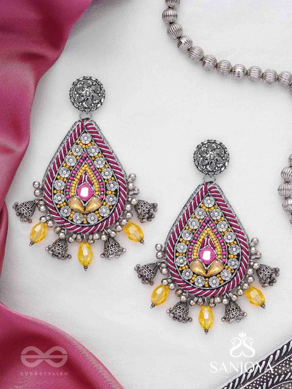 Jatimaha- The Festive Evening- Stones, Beads And Glass Drops Hand Embroidered Oxidised Earrings