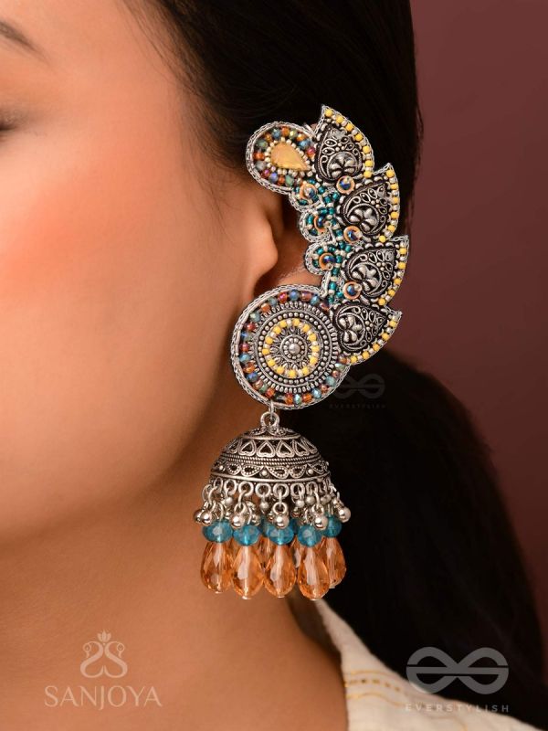Kalaap- The Peacock's Tail- Beads And Glass Drops Hand Embroidered Oxidised Jhumka Earrings