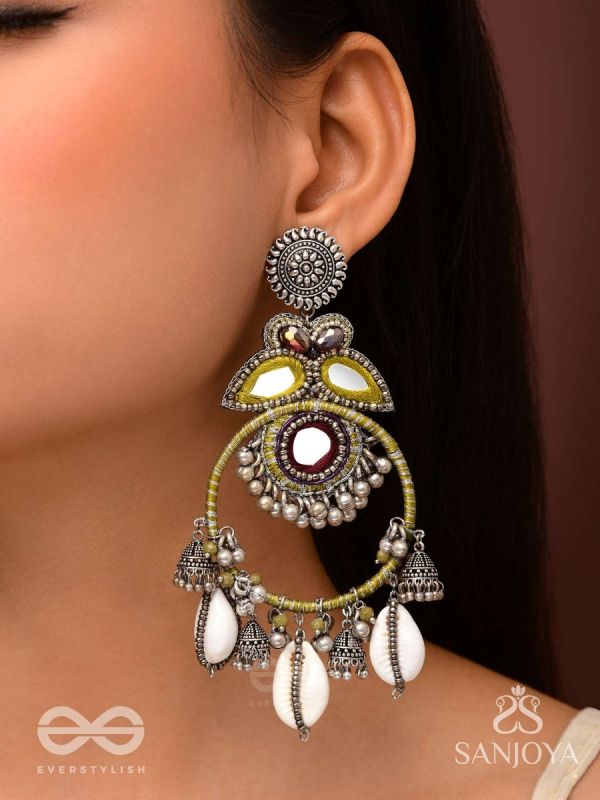 Dyuvani- The Coastal Grove- Mirror, Resham And Shells Hand Embroidered Earrings