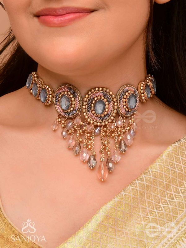 Bijaksara- The Secret Spell- Stones, Beads And Glass Drops Hand Embroidered Choker Neckpiece