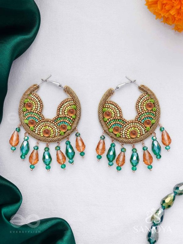 Kaldhvani - The Peacock Chirps - Stones, Beads And Glass Drops Hand Embroidered Hoop Earrings