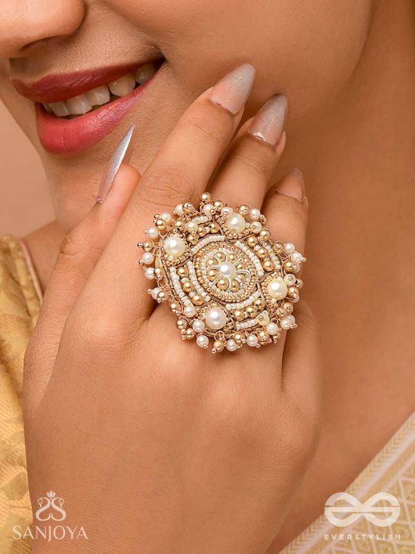 Atisrishti- The Dreamy Creation- Pearls And Beads Hand Embroidered  Golden Ring