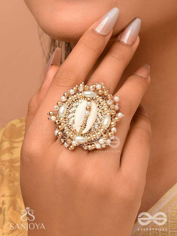Pratisanshru - The Shore Promise - Shell And Beads Hand Embroidered Golden Ring (Adjustable)