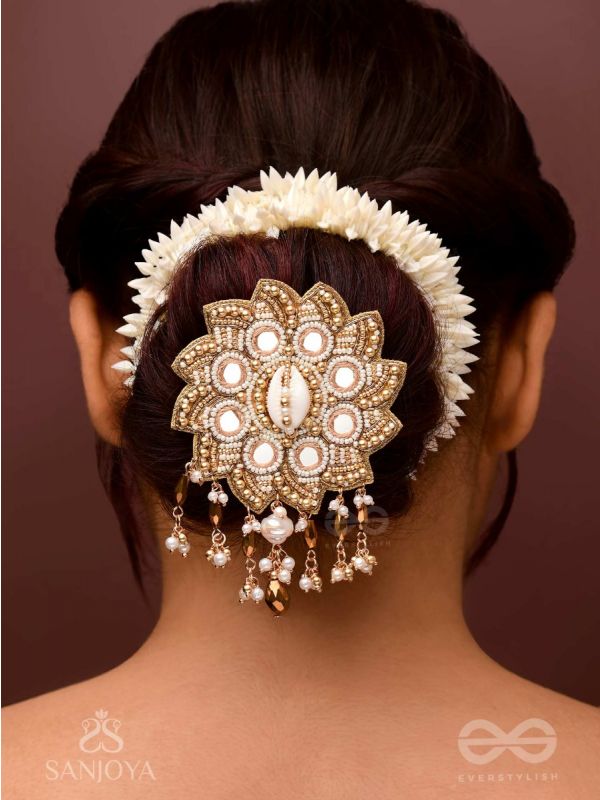 Prabhanjanam - The Stormy Reflectors - Shell, Mirrors And Glass Drops Hand Embroidered Hair Accessory