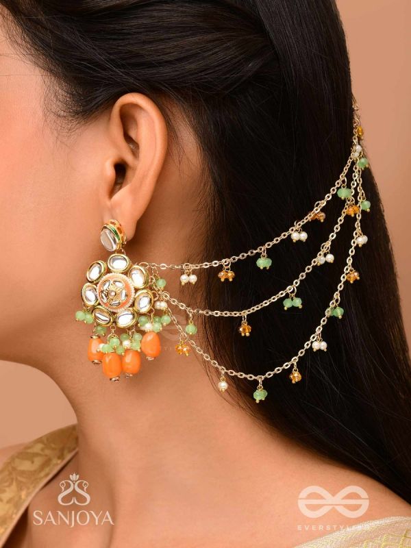 Prasumat - The Ornate Flowers - Polki And Kundan Finished Hand Embroidered Chain Earrings