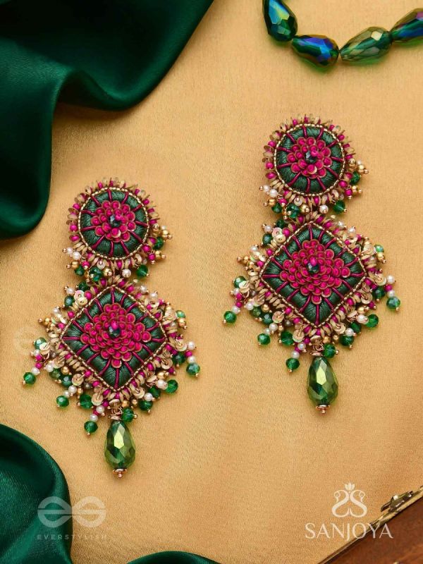 Ardramanjari - The Peony Cluster - Resham, Beads And Glass Drops Hand Embroidered Earrings