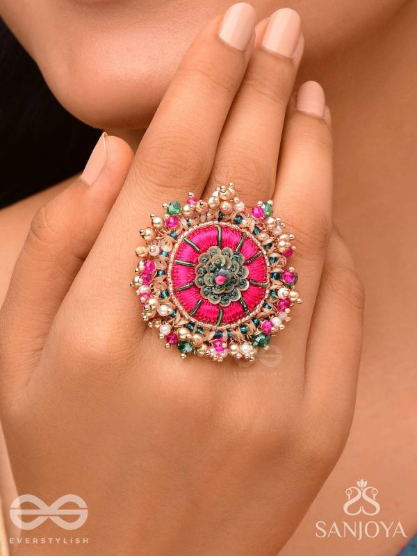 Bibhrat - The Luminous Pink - Resham, Beads And Dabka Hand Embroidered Ring