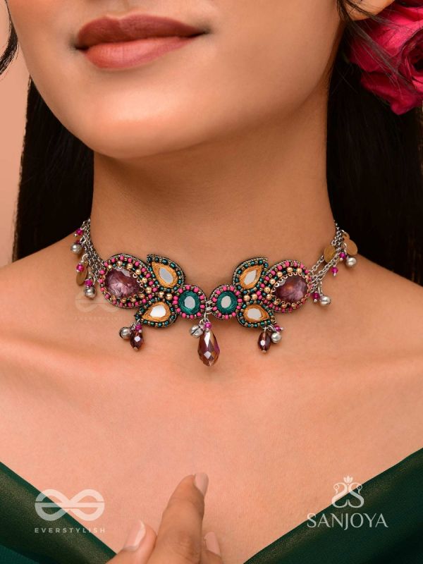 Vimohan - The Tempting Gaze - Stones, Mirror, Coins And Glass Drops Hand Embroidered Oxidised Choker Neckpiece