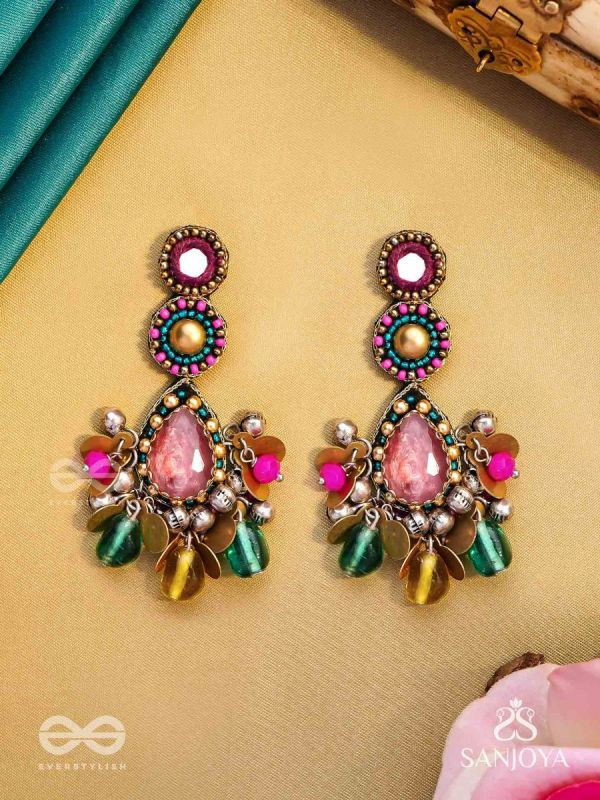 Agrihini - The Amethyst Glow - Stones, Mirrors, Coins And Glass Drops Hand Embroidered Earrings