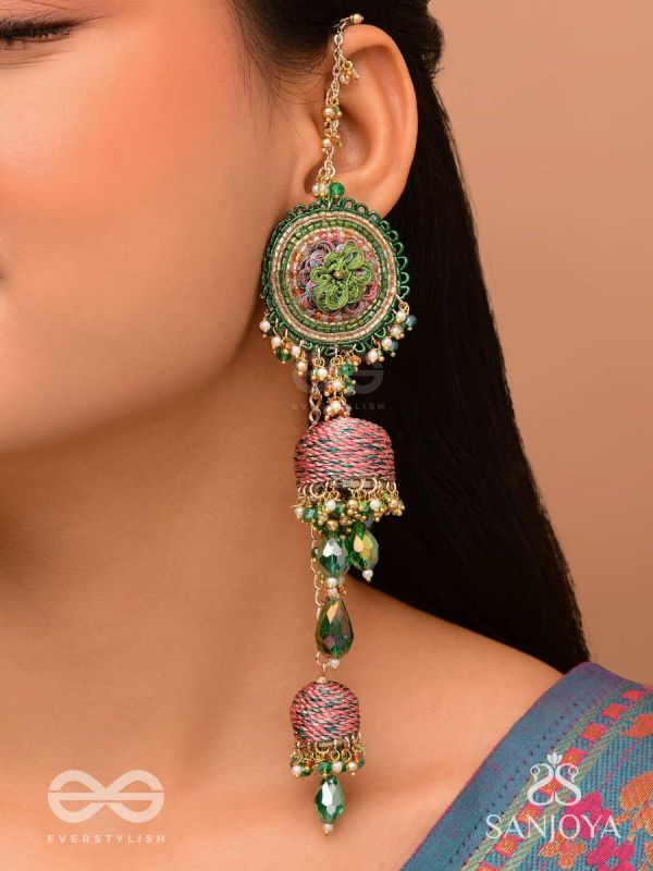 Puravati - The Vineyard Castles - Resham, Beads And Glass Drops Hand Embroidered Jhumka Chain Earrings