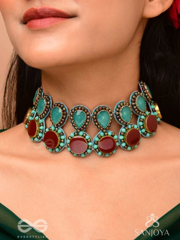 Palash - The Green Serenade - Stones And Beads Hand Embroidered Choker Neckpiece