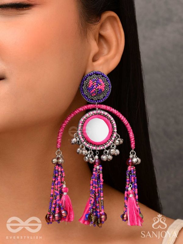 Madhurya - The Charismatic Mirrors - Mirrors, Beads And Resham Hand Embroidered Oxidised Earrings