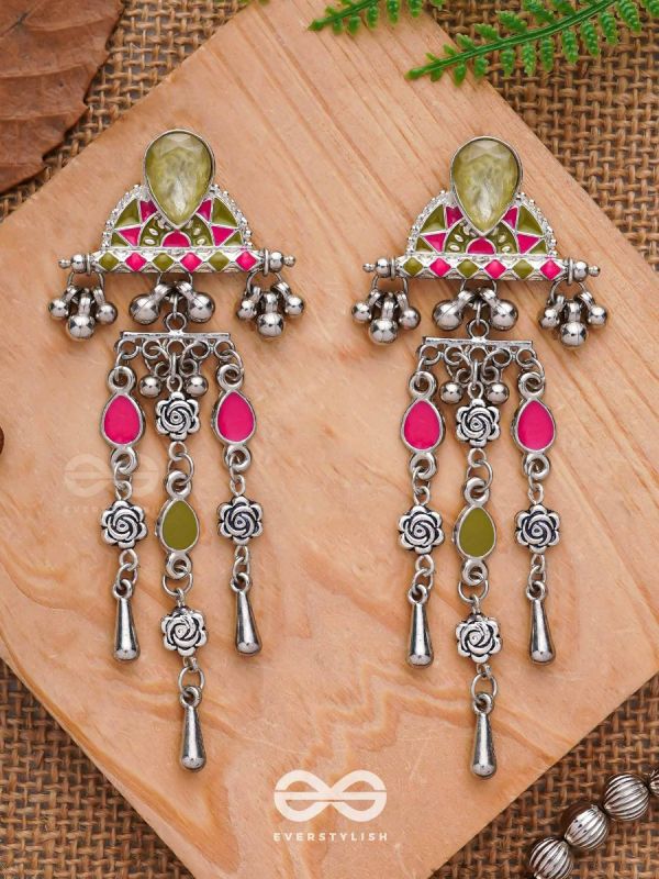 The Olive Roses - Stone Enamelled Oxidised Earrings