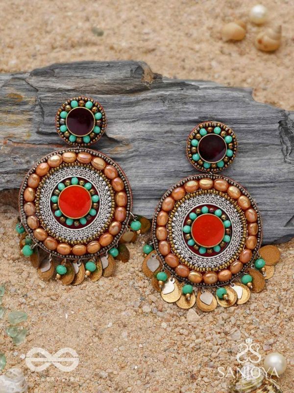 Kadrav - The Auburn Peals - Beads And Coins Hand Embroidered Enamelled Oxidised Earrings