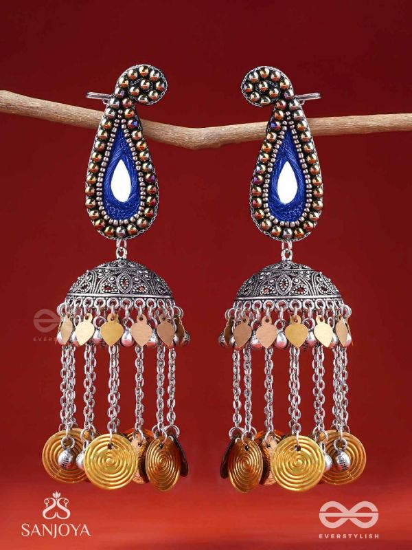 Svarsampad - The Feathery Melody - Beads, Mirror, Resham And Coins Hand Embroidered Oxidised Jhumka Earrings