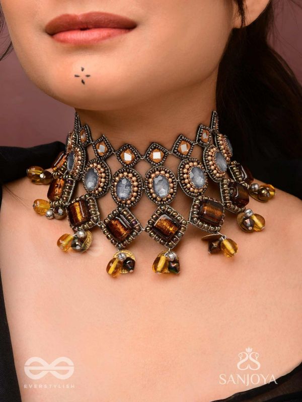 Haridhumra- The Amber Chestnut - Stones, Beads, Coins And Glass Drops Hand Embroidered Oxidised Neckpiece