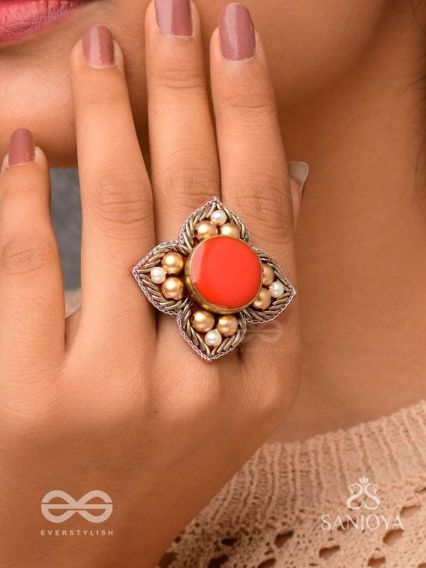 Shikhandik - The Ethereal Stone  - Stone, Beads And Dabka Hand Embroidered Ring (Adjustable)